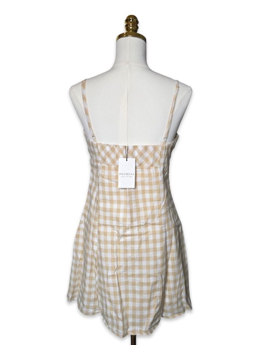 New Promesa Gingham Sundress in Champagne Mini Flare Dress Size Medium NWT - Picture 4 of 6